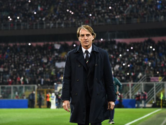 palermo, italy   march 24 head coach italy roberto mancini looks on during the 2022 fifa world cup qualifier knockout round play off match between italy and north macedonia at friends arena on march 24, 2022 in palermo, italy photo by claudio villagetty images