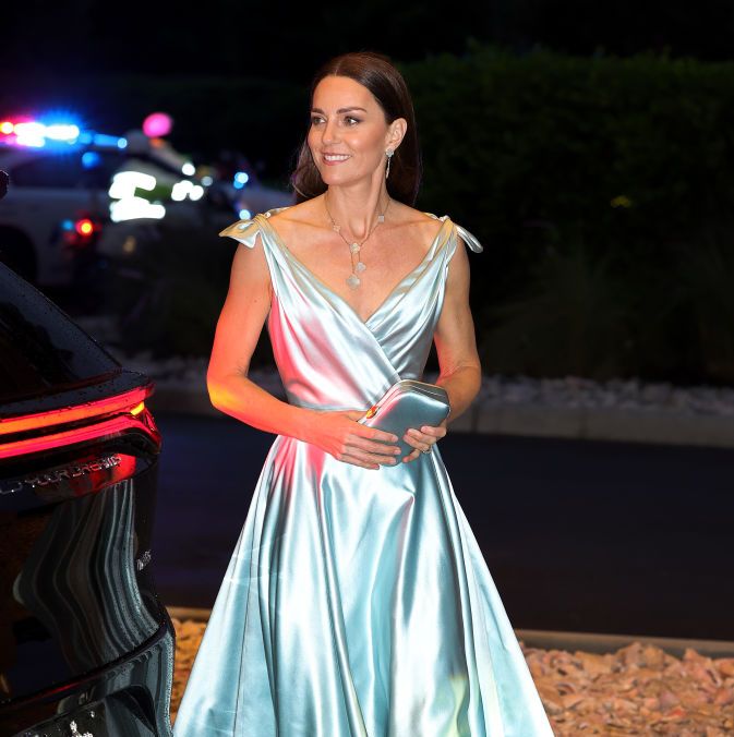 Duchess Kate Had a Cinderella Moment in an Ice-Blue Satin Gown in the Bahamas