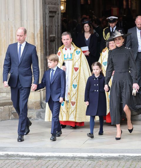 London, England March 29, Prince William, Duke of Cambridge, Prince George of Cambridge, Princess Charlotte of Cambridge and Catherine, Duchess of Cambridge, in London, England on March 29, 2022 in memory of the Duke of Edinburgh at Westminster Abbey. Depart from.Chris Jackson Getty Images