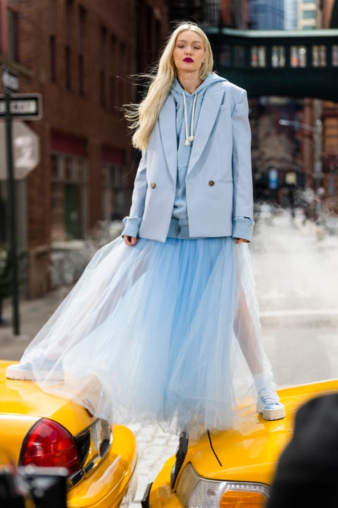 new york, new york march 30 gigi hadid is seen filming for maybelline at tribeca on march 30, 2022 in new york city photo by gothamgc images