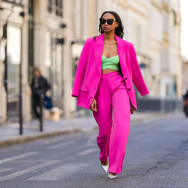 pink street style photo suit