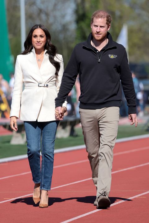 the hague, netherlands   april 17  prince harry, duke of sussex and meghan, duchess of sussex attend the athletics competition during day two of the invictus games the hague 2020 at zuiderpark on april 17, 2022 in the hague, netherlands photo by chris jacksongetty images for the invictus games foundation