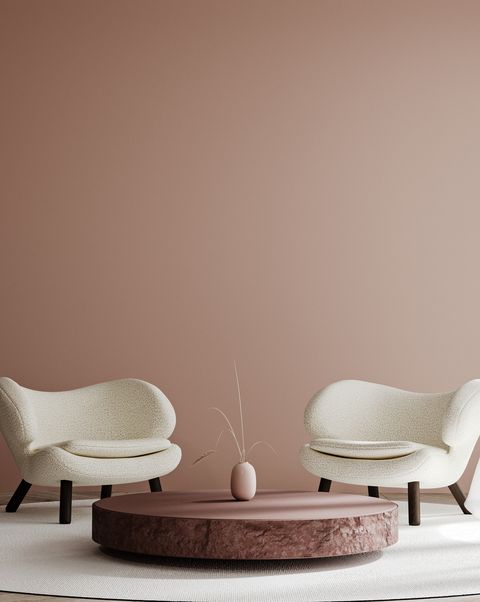 two white modern armchairs in home interior with empty pink wall background 3d rendering, 3d illustration