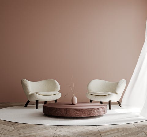 two white modern armchairs in home interior with empty pink wall background 3d rendering, 3d illustration