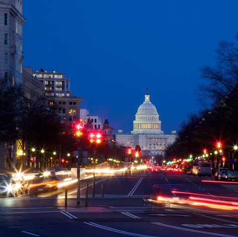 Light trails at rush hour in Washington traffic and city lights along pennsylvania avenue in washington, dc