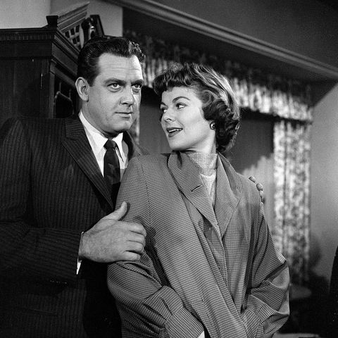 los angeles   november 22 perry mason raymond burr as perry mason and barbara hale as della street episode case of the green eyed sister image dated november 22, 1957 photo by cbs via getty images