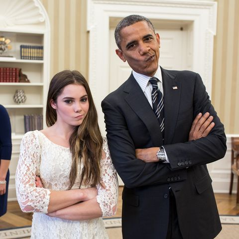 washington, dc   november 15  in this handout image provided by the white house, us president barack obama jokingly mimics us olympic gymnast mckayla maroneys not impressed expression while greeting members of the 2012 us olympic gymnastics teams in the oval office november 15, 2012 at the white house in washington, dc maroneys expression became an internet sensation when during the ceremony for her 2012 olympic vault silver medal she was photographed giving a brief look of disappointment with her lips pursed to the side steve penny, usa gymnastics president, and savannah vinsant laugh at left photo by pete souzathe white house via getty images