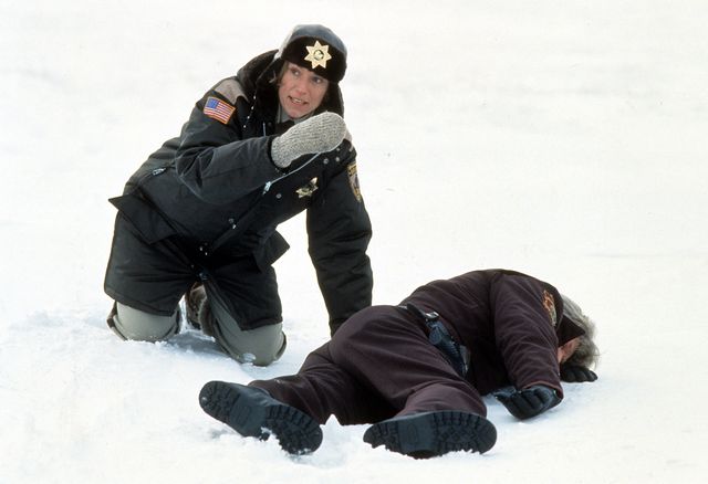 frances mcdormand next to murdered officer in the snow in a scene from the film fargo, 1996 photo by gramercy picturesgetty images
