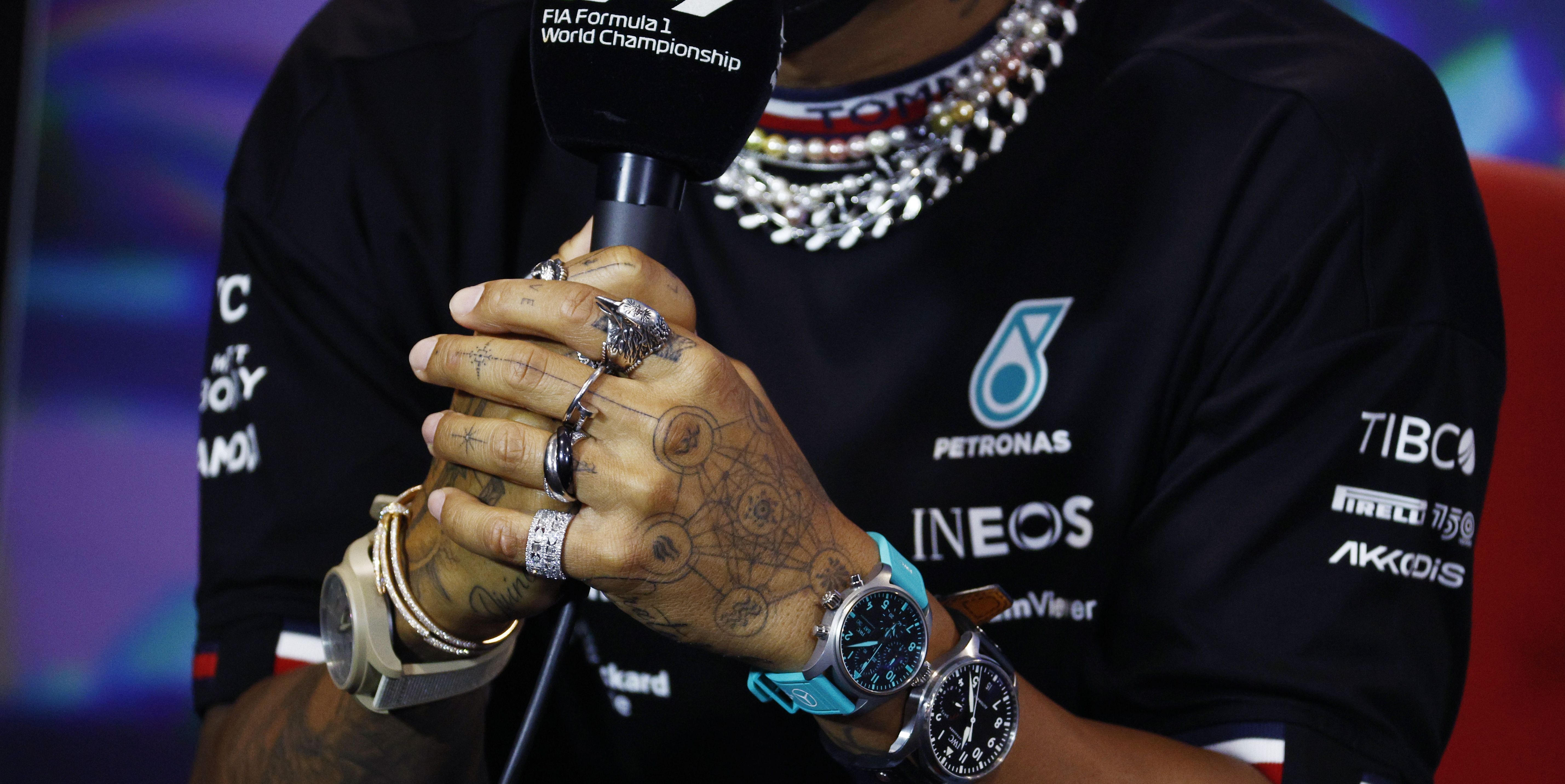 Lewis Hamilton Wears 3 Watches and 8 Rings in Response to FIA Jewelry Ban