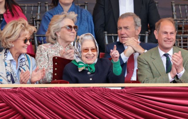 windsor, england   may 13 penelope knatchbull, countess mountbatten of burma, queen elizabeth ii and prince edward, earl of wessex celebrate the win at the royal windsor horse show at home park on may 13, 2022 in windsor, england the royal windsor horse show, which is said to be the queen’s favourite annual event, takes place as her majesty celebrates 70 years of service the 4 day event will include the “gallop through history” performance, which forms part of the official platinum jubilee celebrations photo by chris jacksongetty images