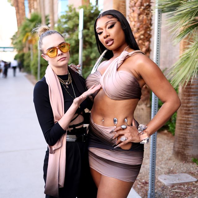 las vegas, nevada   may 15 l r cara delevingne and megan thee stallion attend the 2022 billboard music awards at mgm grand garden arena on may 15, 2022 in las vegas, nevada photo by matt winkelmeyergetty images for mrc