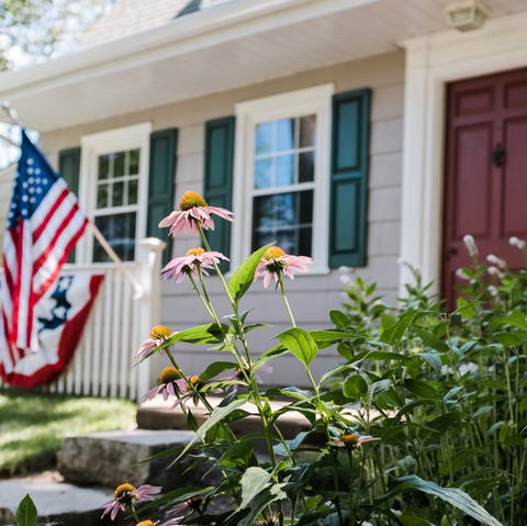 close up of cone flowers in front of a colonial style residential home