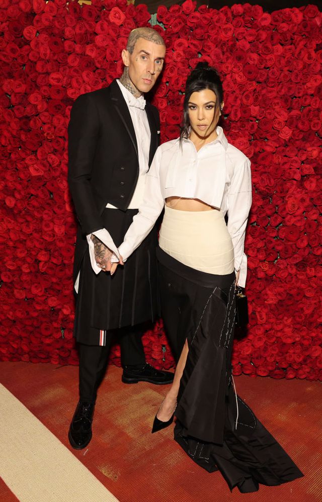 new york, new york   may 02 exclusive coverage travis barker and kourtney kardashian arrive at the 2022 met gala celebrating in america an anthology of fashion at the metropolitan museum of art on may 02, 2022 in new york city photo by cindy ordmg22getty images for the met museumvogue