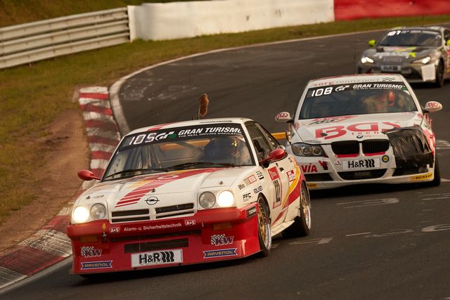 22 june 2019, rhineland palatinate, nürburgring the opel manta by olaf beckmann, peter hass volker strycek and jürgen schulten passes the breitscheid section on the nordschleife around 160 vehicles go on a 24 hour hunt for victory, piloted by around 580 drivers from 32 countries photo thomas freydpa photo by thomas freypicture alliance via getty images