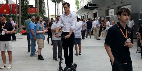 07 may 2022, us, miami motorsport formula 1 world championship, miami grand prix, 3rd free practice toto wolff, head of motorsport at mercedes, rides a scooter in the paddock photo hasan braticdpa photo by hasan braticpicture alliance via getty images