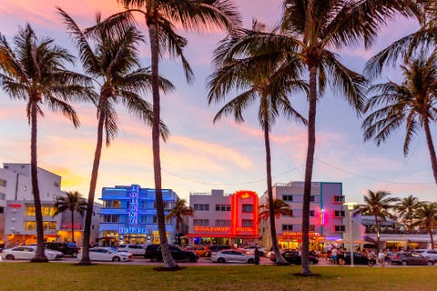 ocean drive at sunset, south beach, miami, usa