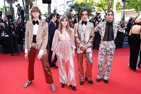 cannes, france   may 25 thomas raggi, victoria de angelis, damiano david and ethan torchio of maneskin attend the screening of elvis during the 75th annual cannes film festival at palais des festivals on may 25, 2022 in cannes, france photo by daniele venturelliwireimage