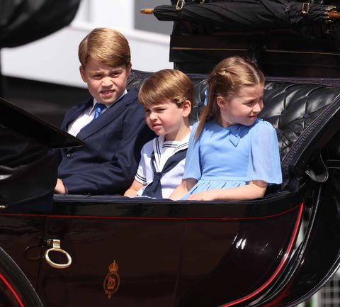 london, england   june 02 l r prince george of cambridge, prince louis of cambridge and princess charlotte of cambridge travel in a horse drawn carriage during trooping the colour on june 2, 2022 in london, england trooping the colour, also known as the queens birthday parade, is a military ceremony performed by regiments of the british army that has taken place since the mid 17th century it marks the official birthday of the british sovereign this year, from june 2 to june 5, 2022, there is the added celebration of the platinum jubilee of elizabeth ii  in the uk and commonwealth to mark the 70th anniversary of her accession to the throne on 6 february 1952 photo by ian vogler   wpa poolgetty images
