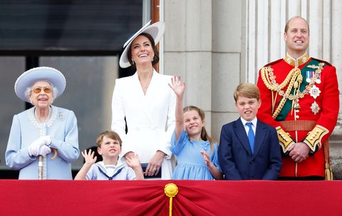 london, united kingdom   june 02 embargoed for publication in uk newspapers until 24 hours after create date and time queen elizabeth ii, prince louis of cambridge, catherine, duchess of cambridge, princess charlotte of cambridge, prince george of cambridge and prince william, duke of cambridge watch a flypast from the balcony of buckingham palace during trooping the colour on june 2, 2022 in london, england trooping the colour, also known as the queen's birthday parade, is a military ceremony performed by regiments of the british army that has taken place since the mid 17th century it marks the official birthday of the british sovereign this year, from june 2 to june 5, 2022, there is the added celebration of the platinum jubilee of elizabeth ii in the uk and commonwealth to mark the 70th anniversary of her accession to the throne on 6 february 1952 photo by max mumbyindigogetty images