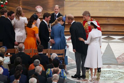 london, england   june 03 l r james,viscount severn, jack brooksbank, lady louise windsor, princess eugenie, sophie, countess of wessex, edoardo mapelli mozzi, prince edward, earl of wessex, princess beatrice, prince harry, duke of sussex and meghan, duchess of sussex attend the national service of thanksgiving at st pauls cathedral on june 03, 2022 in london, england the platinum jubilee of elizabeth ii is being celebrated from june 2 to june 5, 2022, in the uk and commonwealth to mark the 70th anniversary of the accession of queen elizabeth ii on 6 february 1952  photo by dan kitwood  wpa poolgetty images