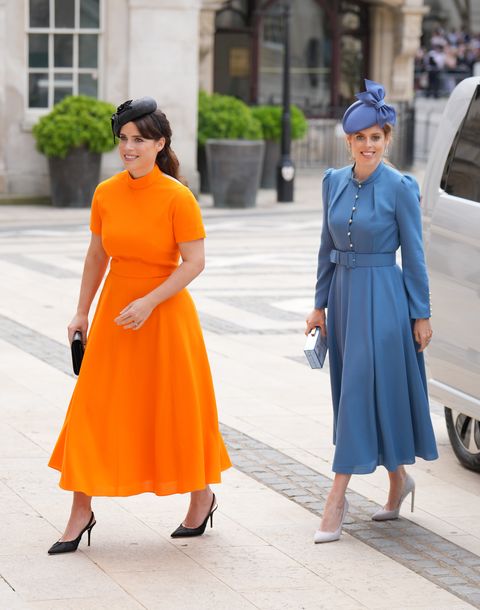 princess eugenie and princess beatrice arriving a reception at the guildhall, london, hosted by the lord mayor of london and city of london corporation for attendees of the national service of thanksgiving, on day two of the platinum jubilee celebrations for queen elizabeth ii picture date friday june 3, 2022 photo by dominic lipinskipa images via getty images