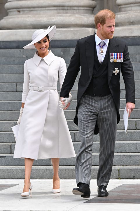 london, england   june 03 prince harry, duke of sussex and meghan, duchess of sussex depart after the national service of thanksgiving at st paul’s cathedral on june 03, 2022 in london, england the platinum jubilee of elizabeth ii is being celebrated from june 2 to june 5, 2022, in the uk and commonwealth to mark the 70th anniversary of the accession of queen elizabeth ii on 6 february 1952  photo by samir husseinwireimage,