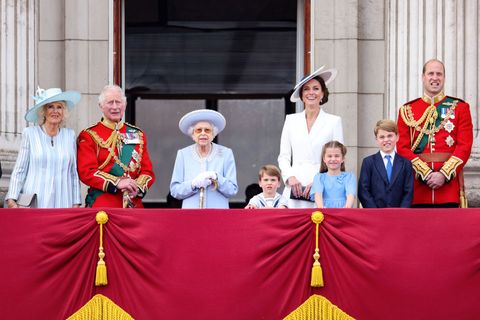 london, england   june 02  l r  camilla, duchess of cornwall, prince charles, prince of wales, queen elizabeth ii, prince louis of cambridge, catherine, duchess of cambridge, princess charlotte of cambridge, prince george of cambridge and prince william, duke of cambridge on the balcony of buckingham palace during the trooping the colour parade on june 02, 2022 in london, england the platinum jubilee of elizabeth ii is being celebrated from june 2 to june 5, 2022, in the uk and commonwealth to mark the 70th anniversary of the accession of queen elizabeth ii on 6 february 1952  photo by chris jacksongetty images