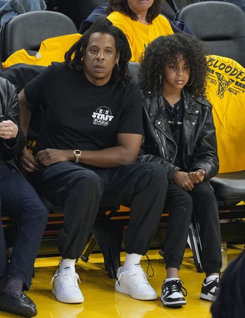 san francisco, california   june 13 rapper jay z and his daughter blue ivy carter look on during the second quarter of game five of the 2022 nba finals between the boston celtics and the golden state warriors at chase center on june 13, 2022 in san francisco, california note to user user expressly acknowledges and agrees that, by downloading andor using this photograph, user is consenting to the terms and conditions of the getty images license agreement photo by thearon w hendersongetty images