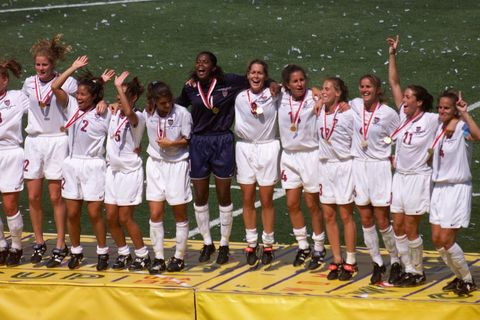 michael rondou photo      the entire team leaps for joy on podium after  being awarded gold medal by defeating china in world cup final   center is  goalie briana scurry  photo by medianews groupthe mercury news via getty images