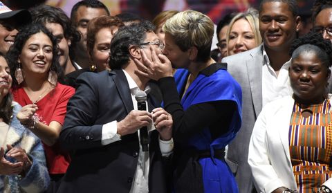 bogota, colombia   june 19 newly elected president of colombia gustavo petro of pacto historico coalition kisses with his wife veronica alcocer to celebrate after winning the presidential runoff on june 19, 2022 in bogota, colombia according to official results, gustavo petro of pacto historico coalition has 50,48 of the votes and rodolfo hernandez of liga de gobernantes anticorrupcion 47,26, with 99,79 of the voting counted photo by guillermo legariagetty images