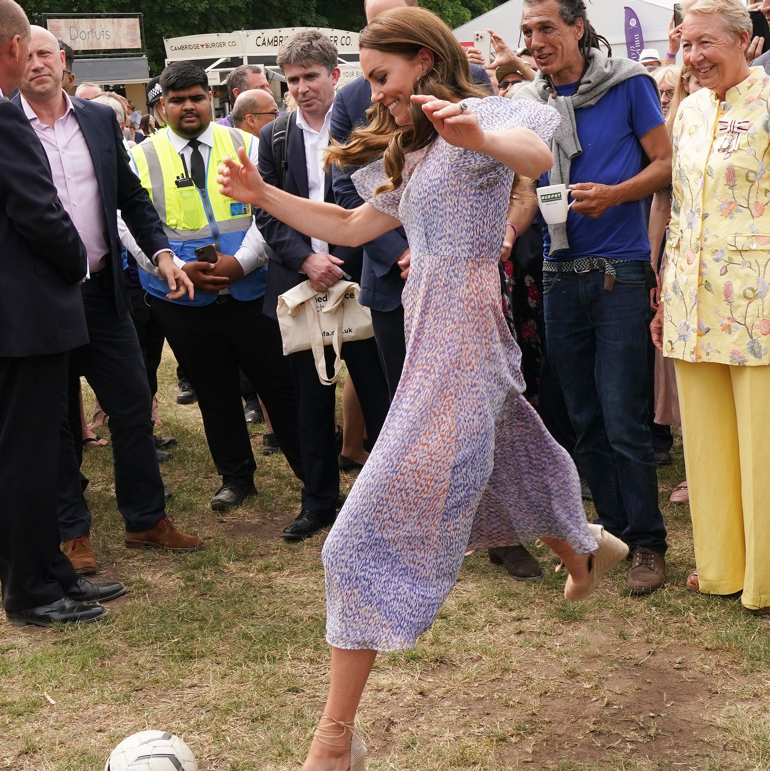 Here's Kate Middleton Kicking a Soccer Ball in Heels Like a Pro