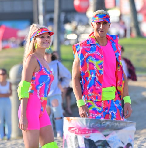 los angeles ca   june 27  margot robbie and ryan gosling film new scenes for barbie in venice california 27 jun 2022 photo by megagc images