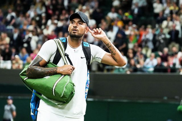 london, england   july 02 nick kyrgios of australia greets the audience in the men's singles third round match against stefanos tsitsipas of greece during day six of the championships wimbledon 2022 at all england lawn tennis and croquet club on july 02, 2022 in london, england photo by shi tanggetty images