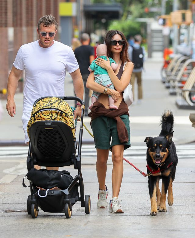 new york city, ny   july 10  emily ratajkowski is seen out for a walk with her baby and her husband sebastian bear mcclard  on july 10, 2021 in new york city, new york photo by megagc images