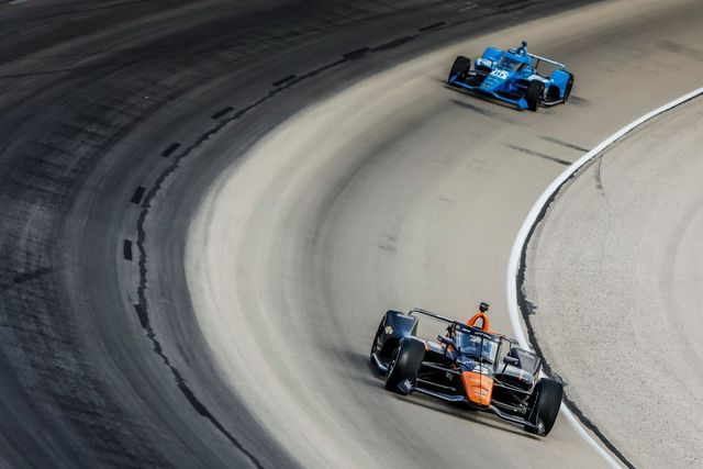 fort worth, tx   may 02 pato oward 5 arrow mclaren sp chevrolet speeds into turn 4 while  alex palou 10 chip ganassi racing honda follows him during the indycar xpel 375 on may 2, 2021 at the texas motor speedway in fort worth, texas photo by matthew pearceicon sportswire via getty images
