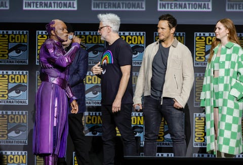 2022 Comic Con International: San Diego - Marvel Cinematic Universe Mega-Panel san diego, california july 23 l r chukwudi iwuji, james gunn, chris pratt, and karen gillan speak onstage at the marvel cinematic universe mega panel during 2022 comic con international san diego at san diego convention center on july 23, 2022 in san diego, california photo by kevin wintergetty images