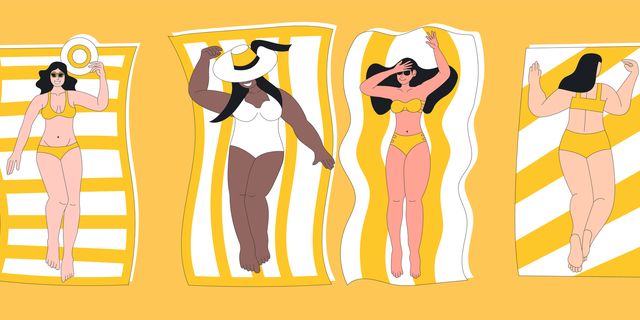plump, curvy woman in swimming suit sunbathing on beach plus size female body positive cartoon character laying on towel enjoy relaxation summer leisure paradise vacation vector illustration