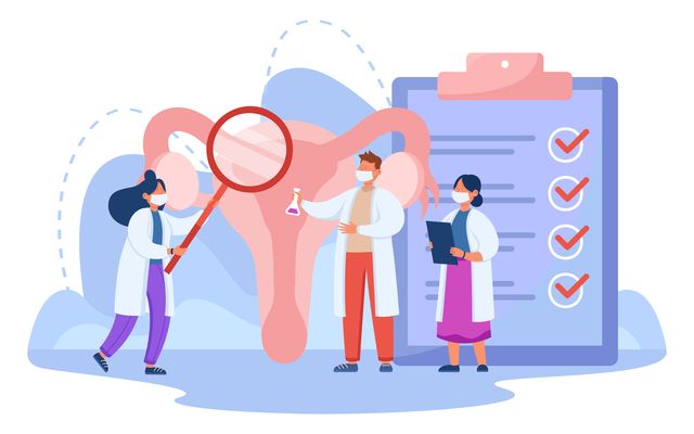 gynecologist with magnifier examining uterus of patient doctors treating infertility, endometriosis or vaginal diseases flat vector illustration gynecology, health concept for banner or landing page