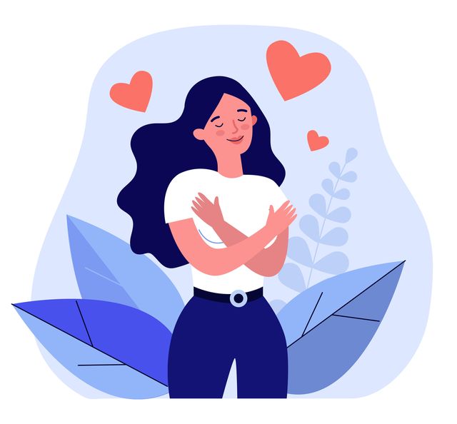 happy woman hugging herself positive lady expressing self love and care vector illustration for love yourself, body positive, confidence concept