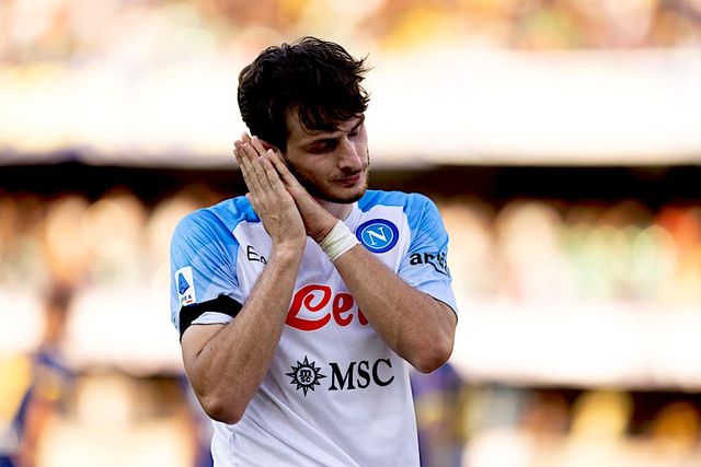 verona, italy   august 15 khvicha kvaratskhelia of napoli ssc celebrates after scoring his team's first goal during the serie a match between hellas verona and ssc napoli at stadio marcantonio bentegodi on august 15, 2022 in verona, italy photo by emmanuele ciancagliniciancaphoto studiogetty images