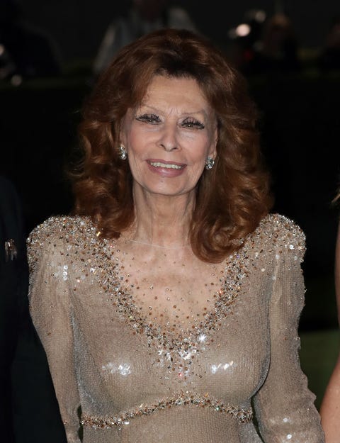 Sophia Loren durante la cerimonia di apertura del Museum of Motion Picture dell'Academy in un abito grigio luccicante