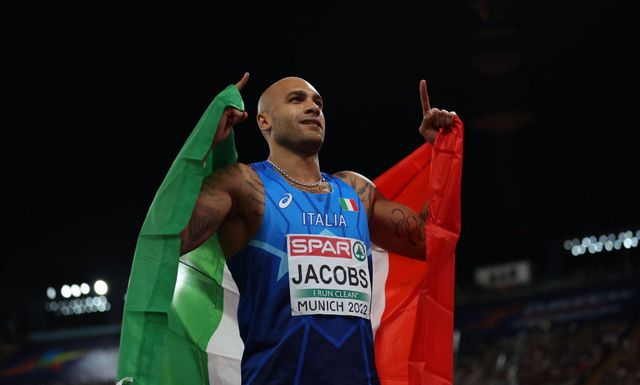 munich, germany   august 16 lamont marcell jacobs of italy celebrates after winning the mens 100m final during the athletics competition on day 6 of the european championships munich 2022 at olympiapark on august 16, 2022 in munich, germany photo by amin mohammad jamaligetty images