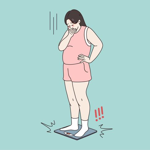 unhappy obese woman stand on scales shocked by weight gain upset stressed fat girl frustrated by number on weigh overweight, obesity concept diet and healthy lifestyle vector illustration