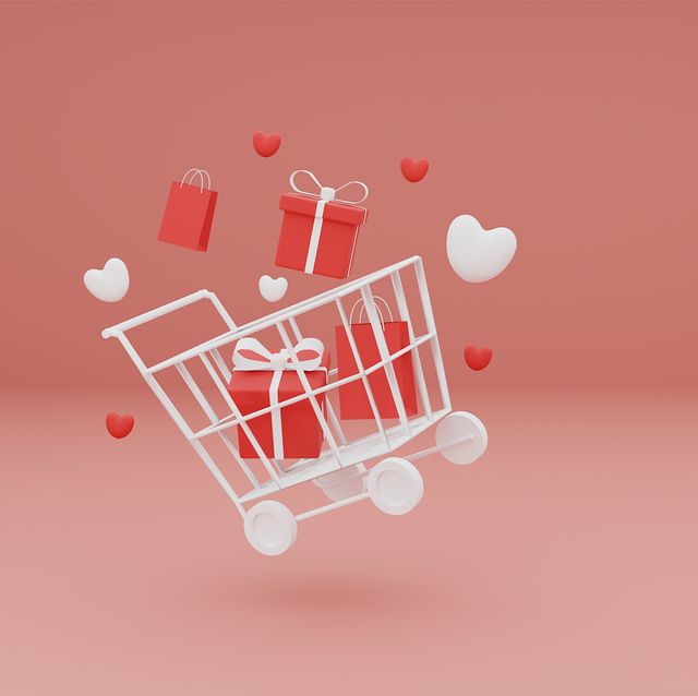 concept happy valentines day of heart and gift box in shopping cart on pink pastel background 3d rendering
