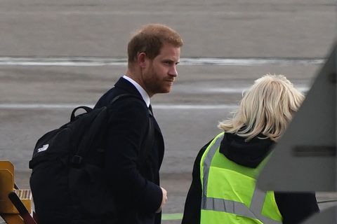 the duke of sussex at aberdeen airport as he travels to london following the death of queen elizabeth ii on thursday picture date friday september 9, 2022 photo by aaron chownpa images via getty images