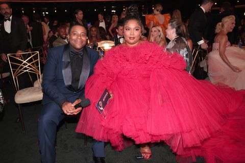 los angeles, california   september 12 74th annual primetime emmy awards    pictured l r kenan thompson and lizzo attend the 74th annual primetime emmy awards held at the microsoft theater on september 12, 2022    photo by christopher polknbc via getty images