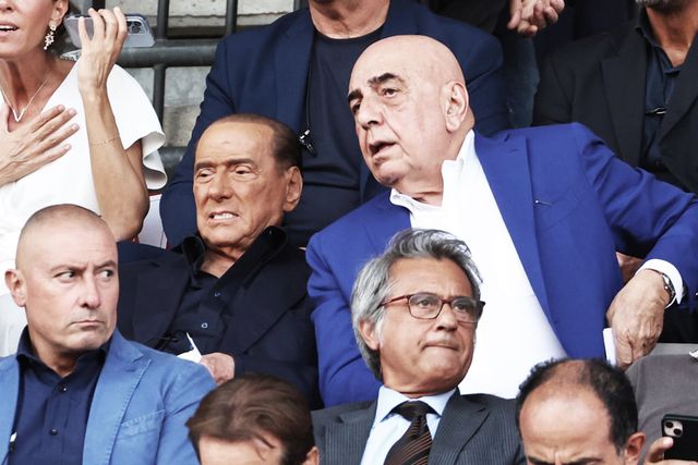 monza, italy   august 26 silvio berlusconi l and ceo of ac monza adriano galliani r looks on during the serie a match between ac monza and udinese calcio at stadio brianteo on august 26, 2022 in monza, italy photo by giuseppe cottinigetty images