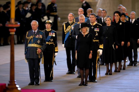 london, england   september 14 king charles iii, anne, princess royal, prince edward, earl of wessex, prince william, prince of wales, prince andrew, duke of york, camilla, queen consort, sir timothy laurence, mr peter phillips, sophie, countess of wessex, catherine, princess of wales, princess beatrice and prince edward, duke of kent are seen inside the palace of westminster for the lying in state of queen elizabeth ii on september 14, 2022 in london, england queen elizabeth iis coffin is taken in procession on a gun carriage of the kings troop royal horse artillery from buckingham palace to westminster hall where she will lay in state until the early morning of her funeral queen elizabeth ii died at balmoral castle in scotland on september 8, 2022, and is succeeded by her eldest son, king charles iii  photo by dan kitwoodgetty images