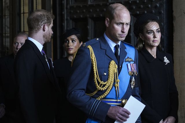 britains catherine r, princess of wales, britains prince william 2nd r, prince of wales, britains prince harry l, duke of sussex, and meghan 2nd l, duchess of sussex, leave after paying their respects at westminster hall, at the palace of westminster, where the coffin of queen elizabeth ii, will lie in state on a catafalque, in london on september 14, 2022   queen elizabeth ii will lie in state in westminster hall inside the palace of westminster, from wednesday until a few hours before her funeral on monday, with huge queues expected to file past her coffin to pay their respects photo by emilio morenatti  pool  afp photo by emilio morenattipoolafp via getty images
