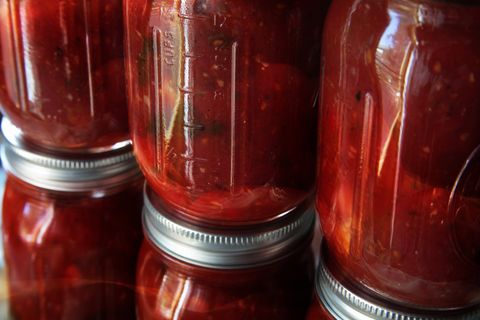 tomato preserves stacked in rows
